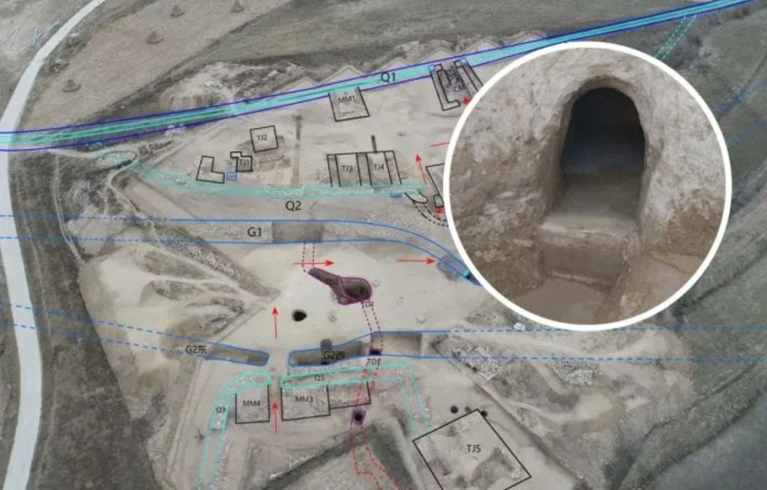 Photo illustration of the tunnels that lie below the surface at Houchengzui
