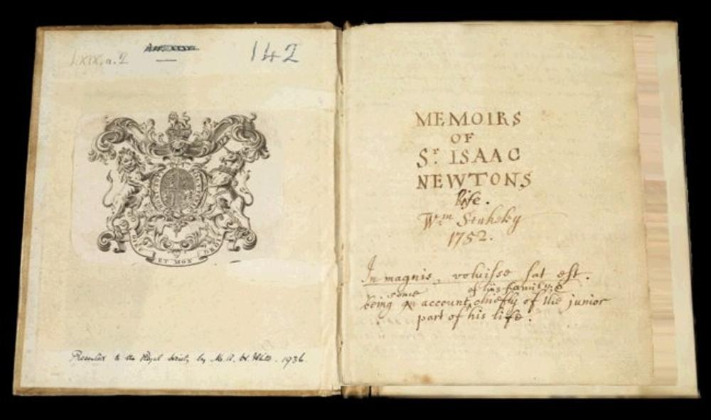The original title page of William Stukeley’s biography “Memoirs of Sir Isaac Newton”