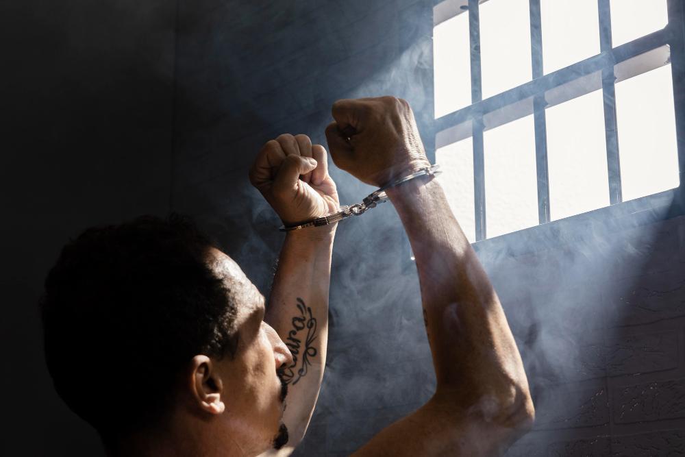 A man stands in his prison cell with hands in cuffs as he stares out a small window