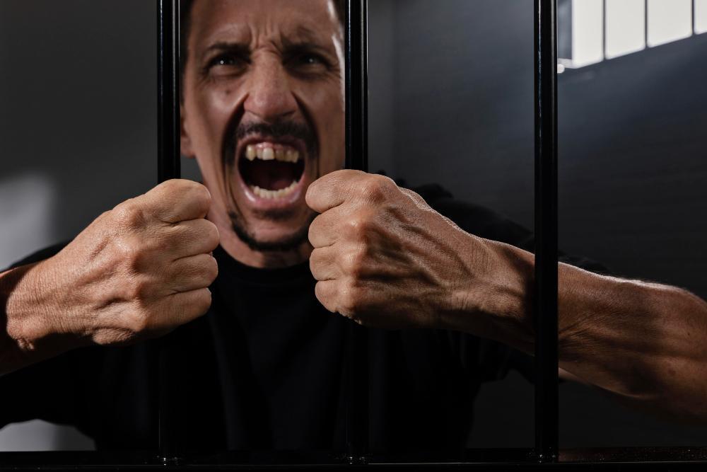 A man screams from within his prison cells as he holds onto the gate bars