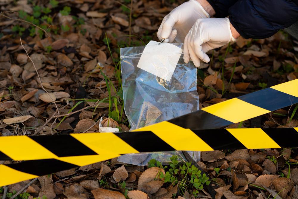 Crime scene investigators tape off a section of the woods after a serious crime was committed