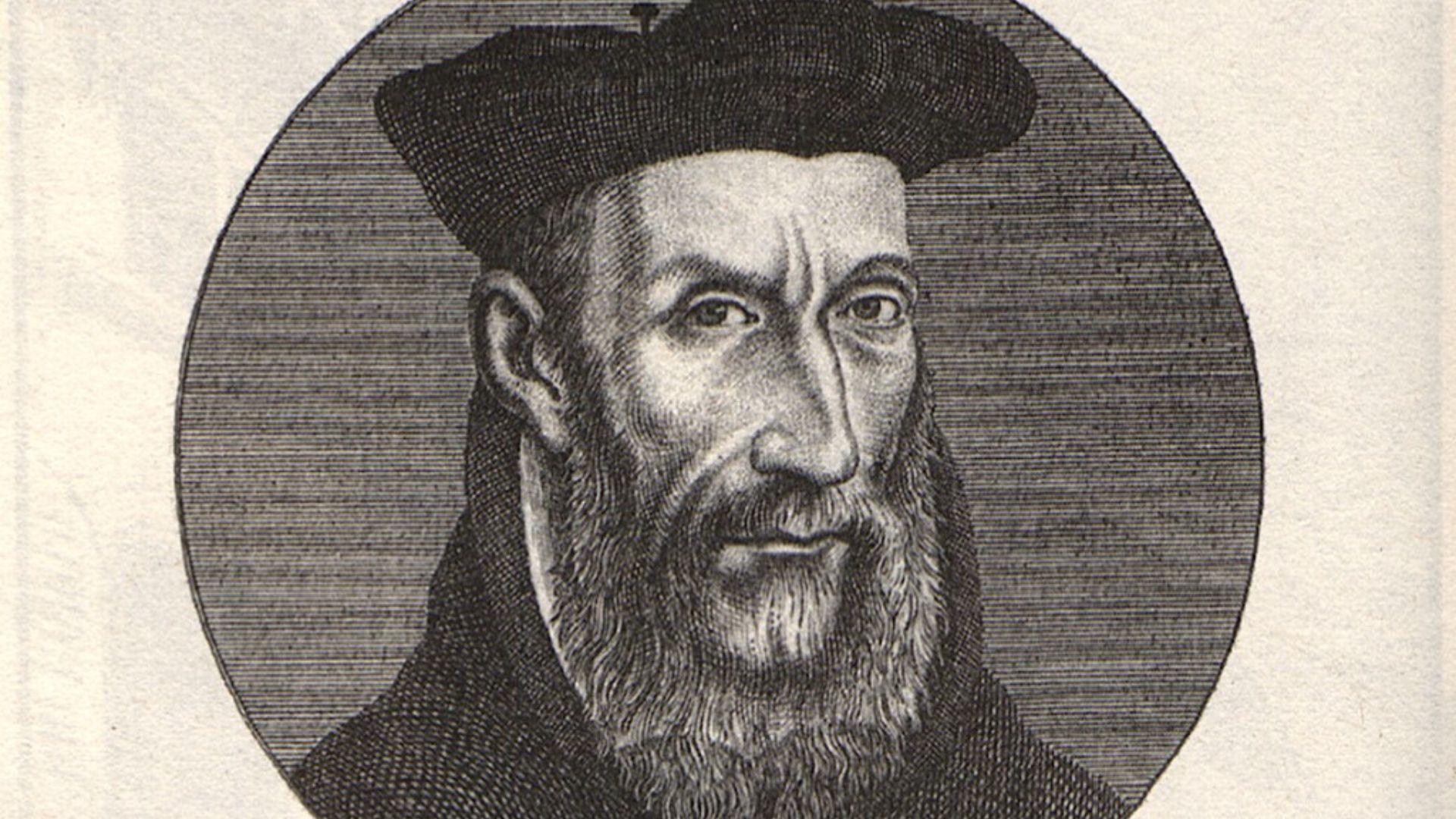 A black and white engraved portrait of Nostradamus