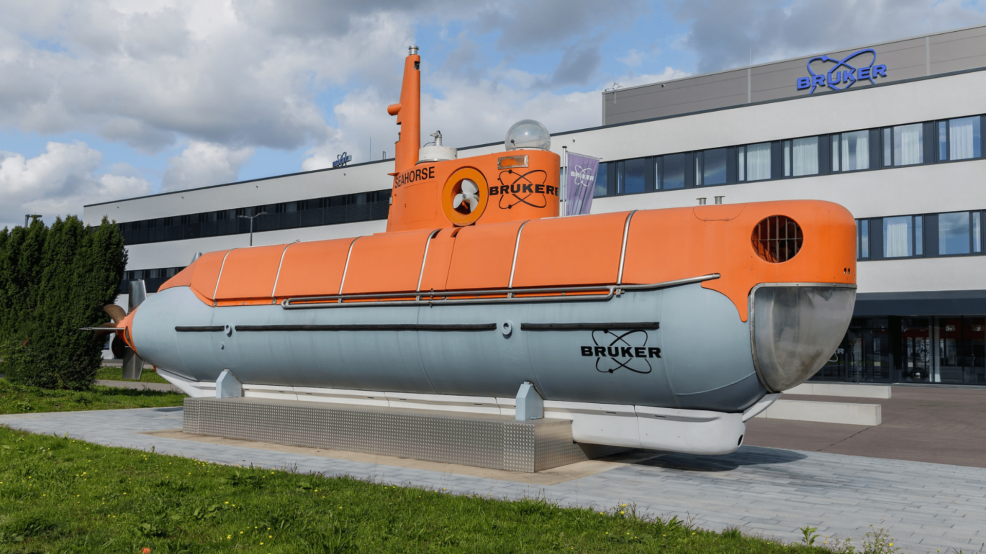 A Bruker submarine sits on a stand outside of the Bruker headquarters in Ettlingen, Germany.