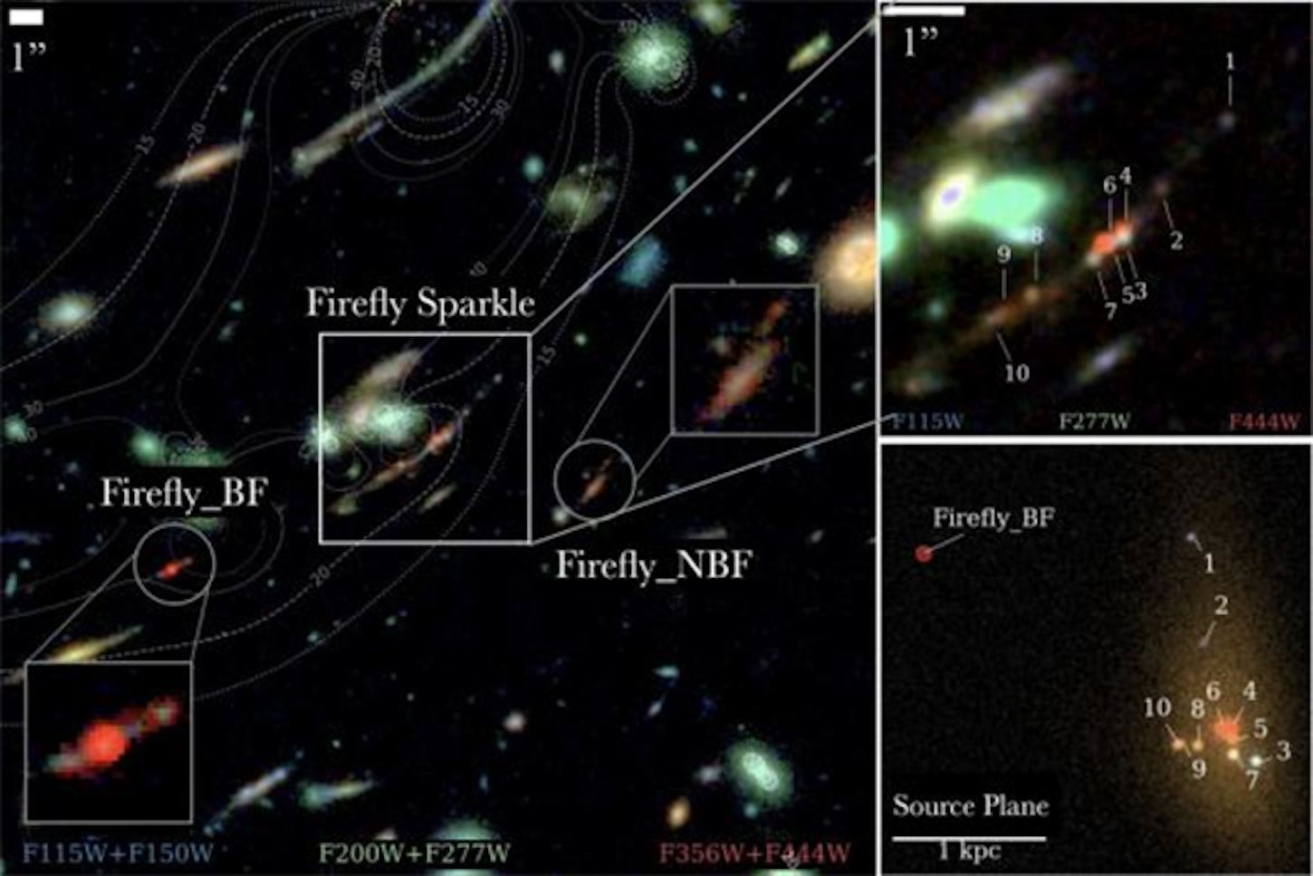 This image shows the Firefly Sparkle galaxy and its two neighbors, BF and NBF. The Firefly Sparkle's mass is concentrated in 10 clusters that contain up to 57% of its entire mass