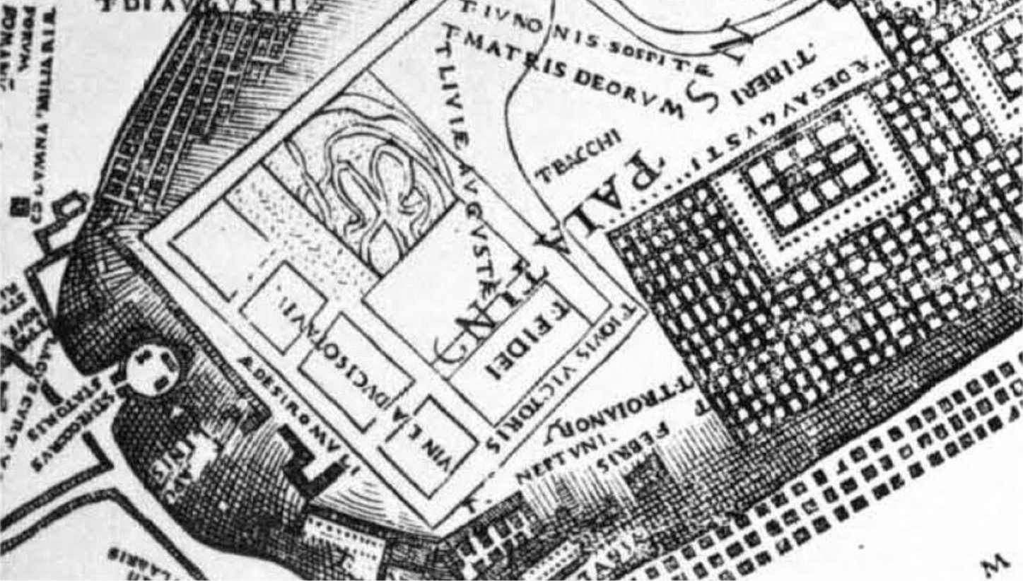 A black and white engraving of an ancient city map, showcasing a detailed layout with labeled streets and structures. The map includes rectangular blocks of buildings, open squares, and a prominent circular area