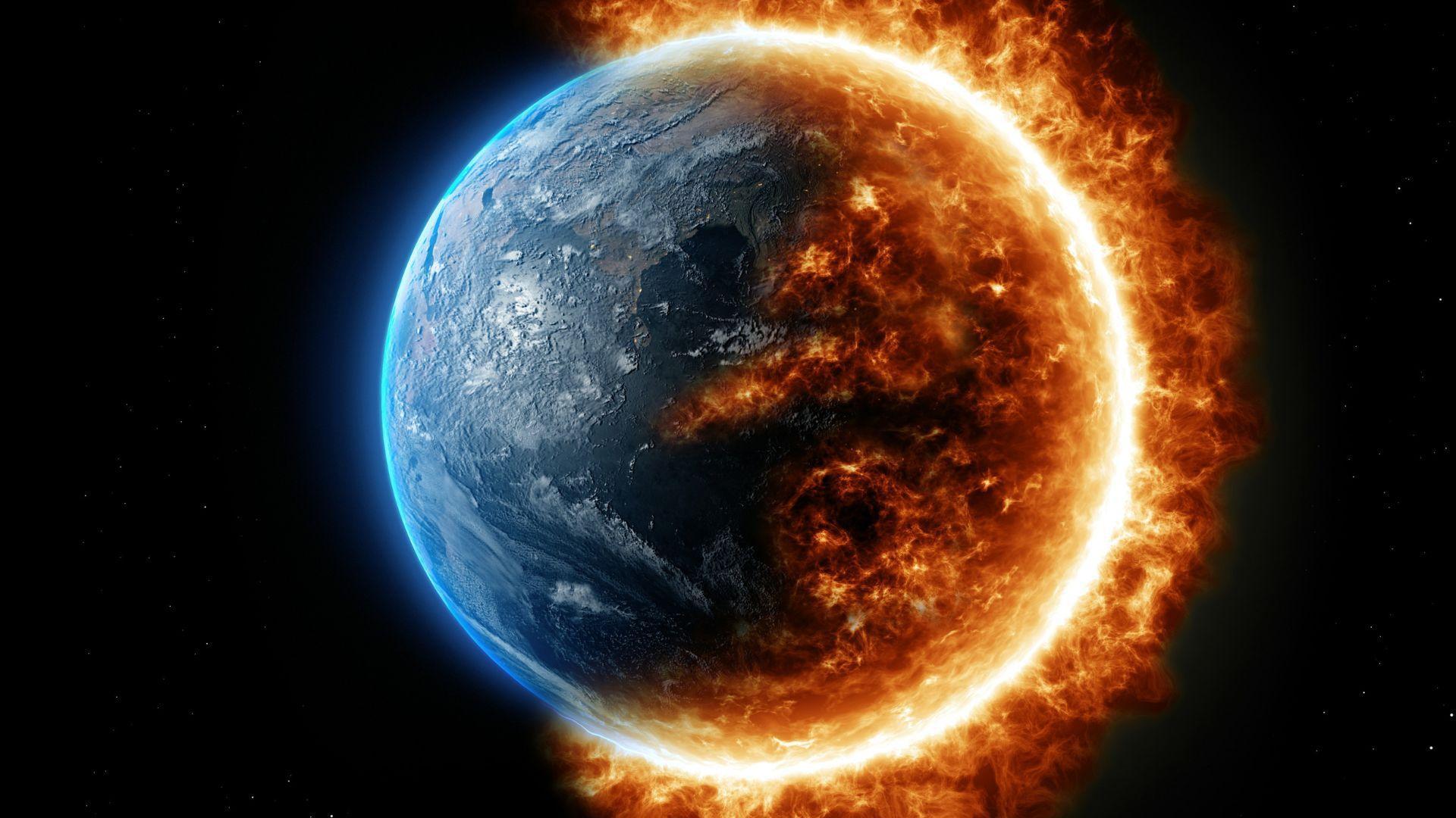 A 3D render of a future Earth where half of it is on fire, showing the heated temperatures of the planet.