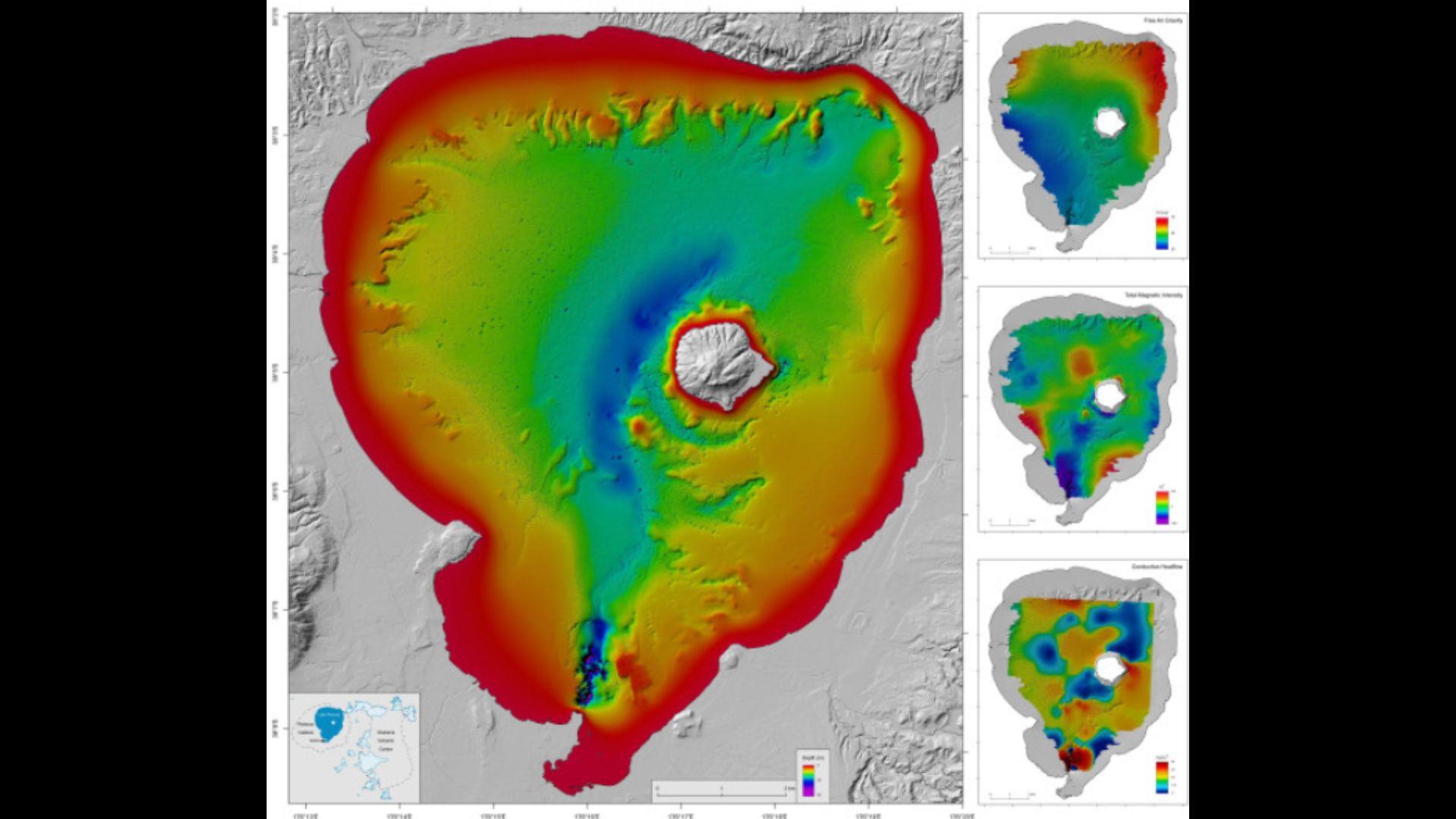 A new map poster shows a detailed view of the lake floor bathymetry In Lake Rotorua at a scale of 1:17,500; three smaller maps in the post detail free air gravity, total magnetic intensity, and conductive heat-flow over the lake