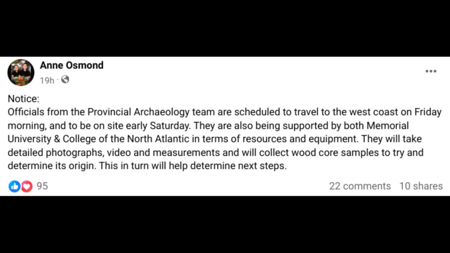 Screenshot of a post by Anne Osmond on the Cape Ray Community Page, Facebook