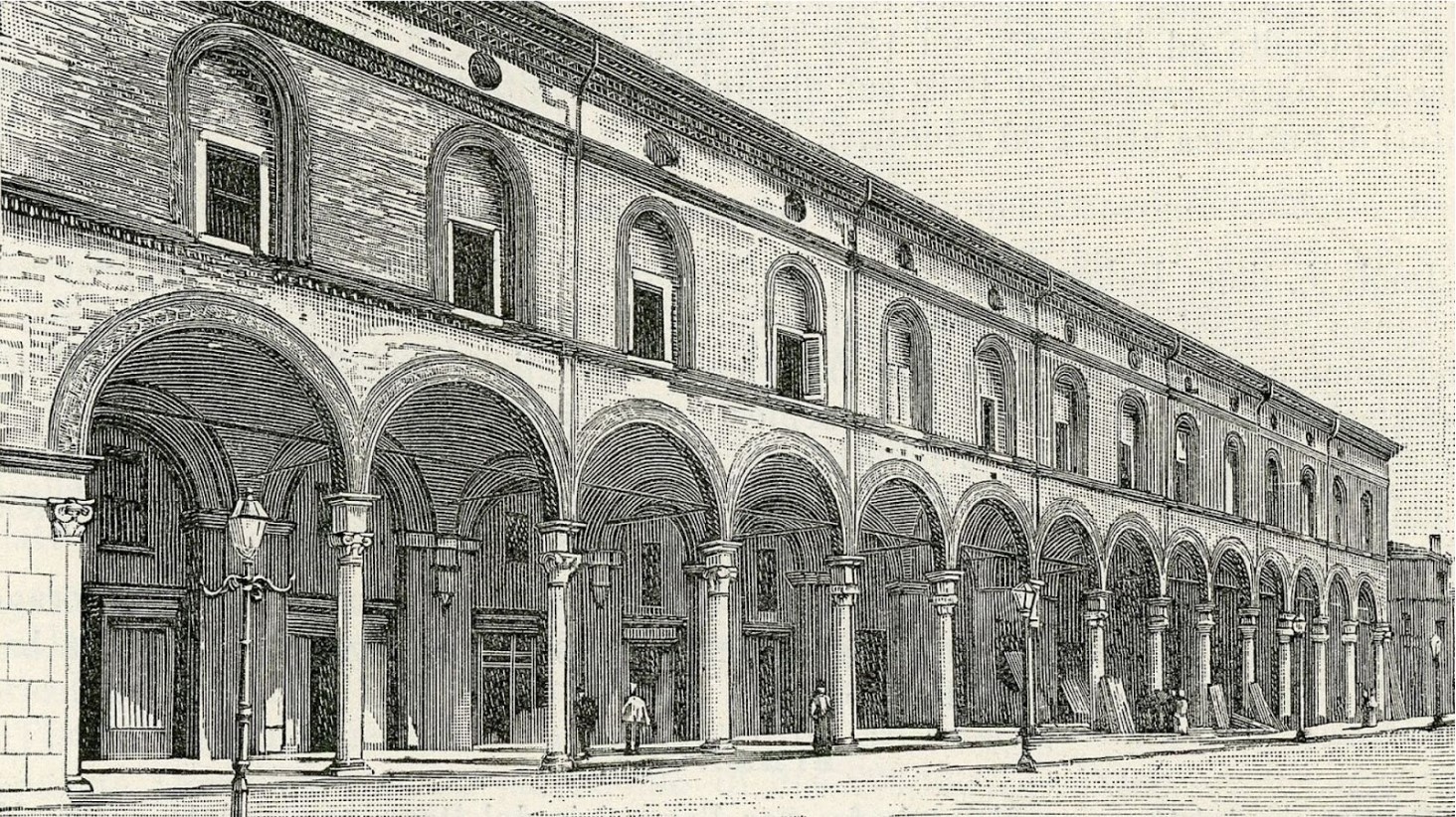 A detailed black and white engraving depicting a long, two-story building with a series of elegant arches on the ground floor. Each archway leads to a doorway or a window, and the structure is adorned with classical decorative details