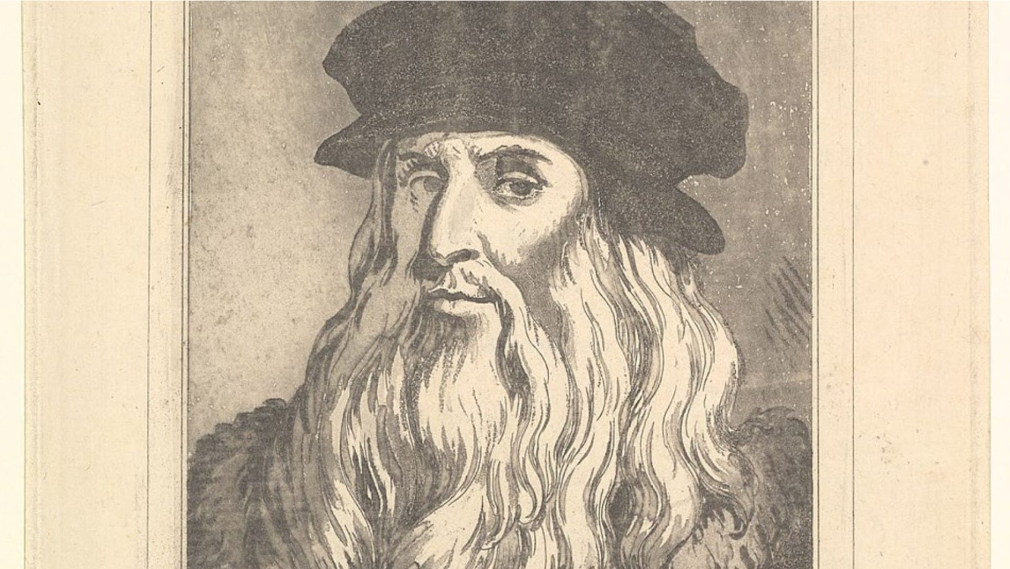A monochromatic print depicting a portrait of Leonardo da Vinci. He is shown with flowing hair and a full beard, gazing to the side. Leonardo wears a dark, Renaissance-style hat