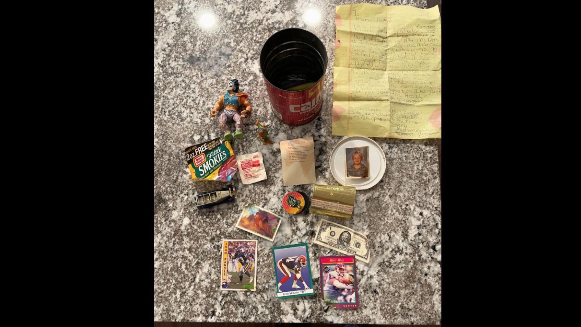 Photograph of the treasures Nathan Headden included in his time capsule from 1994