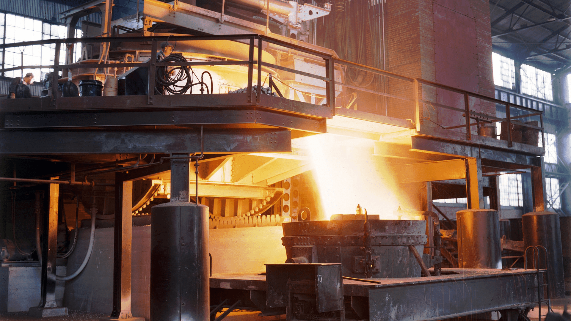 A steel furnace in the middle of smelting steel.