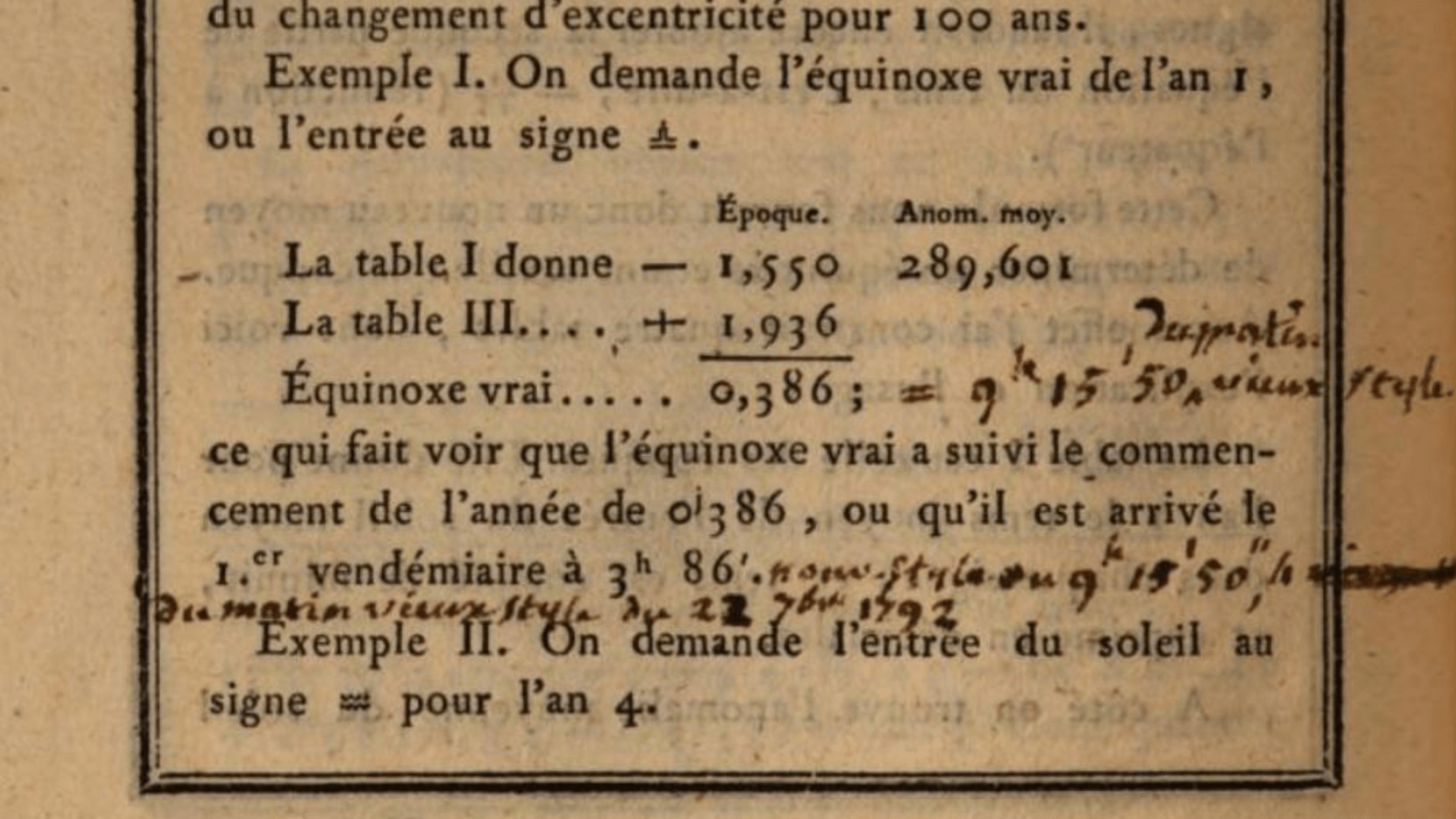 A French mathematics book from 1797 showing three different representations of decimal time to calculate the autumnal equinox.