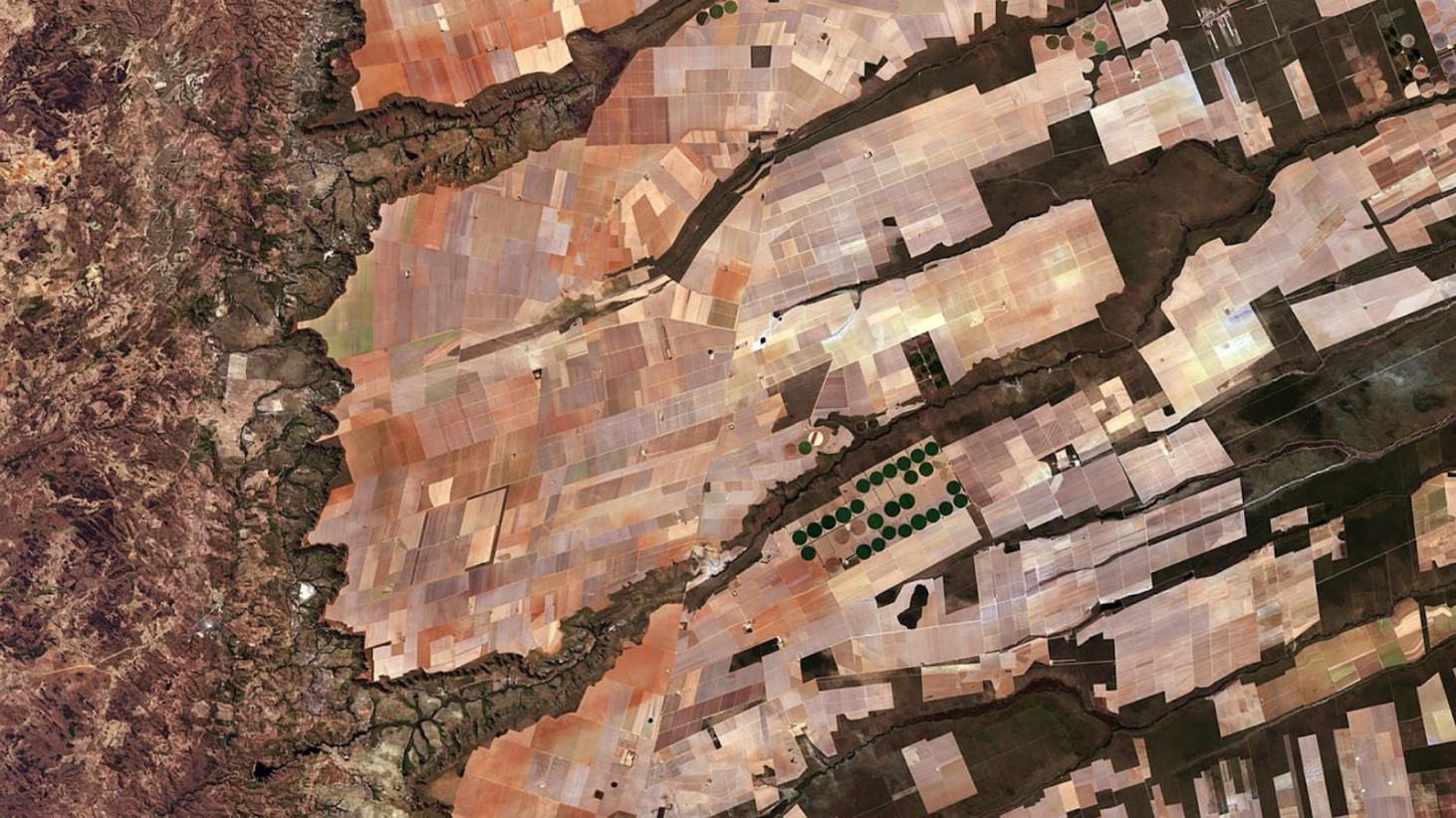 A satellite image displaying a patchwork of geometric farmland plots in varying shades of brown, tan, and white, indicative of different crops or soil treatments
