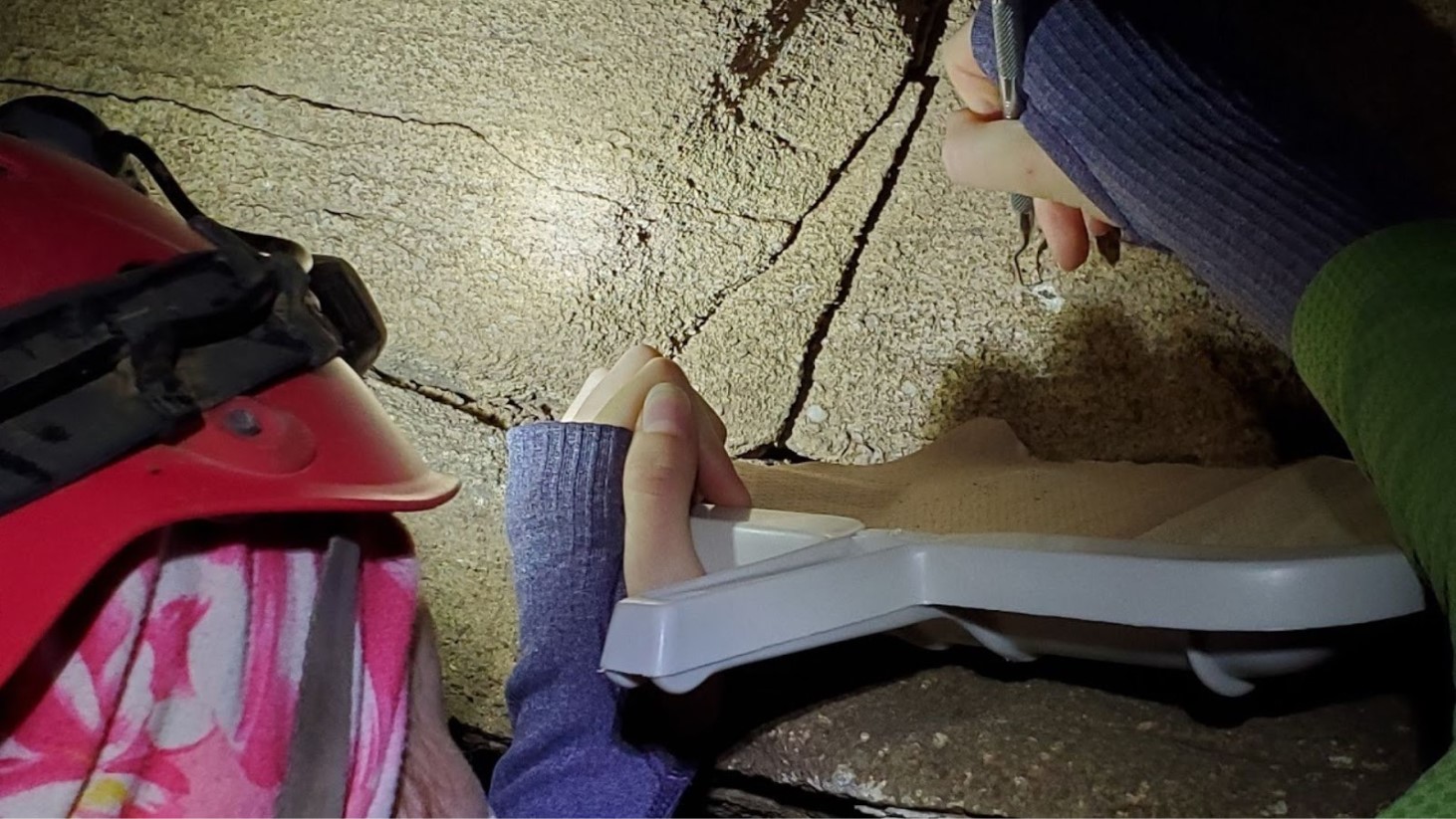 Close-up of a paleontological excavation in progress within a cave. A person wearing a red helmet with a headlamp is seen from the side, using a tool to carefully extract a sample from a rocky cave wall