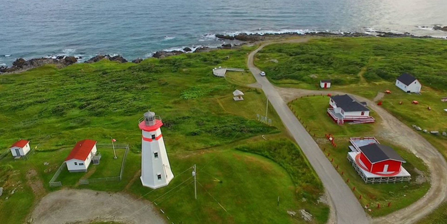 Aerial view of the lighthouse and community of Cape Ray, Newfoundland, Canada