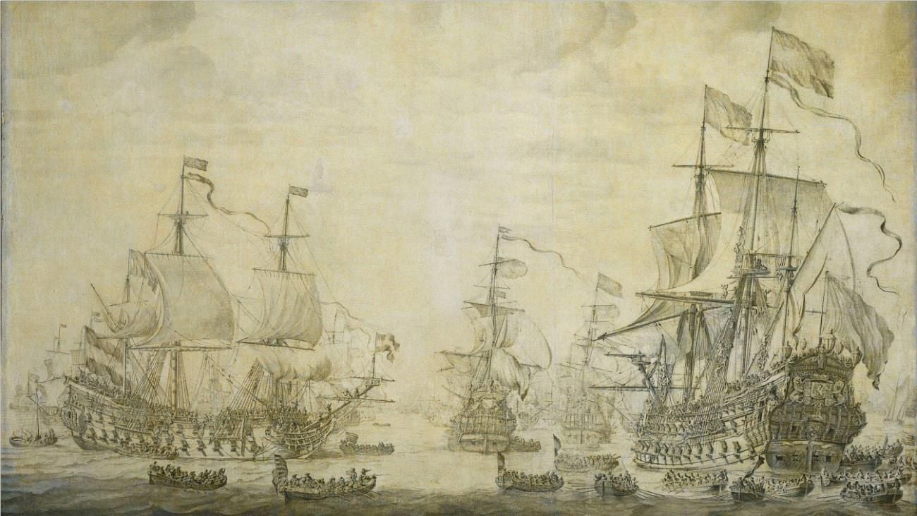 1666 Willem van de Velde the Elder painting of multiple large ships and smaller boats in the ocean.