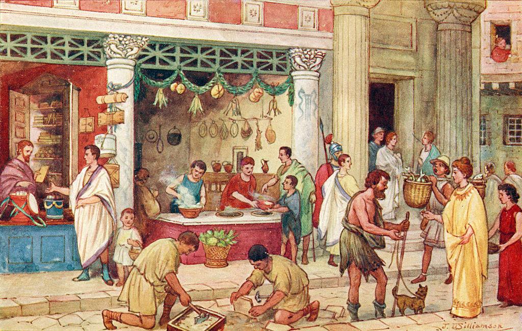 Illustration by J Williamson of a street scene, including vendors, food, and guards during the Roman Empire