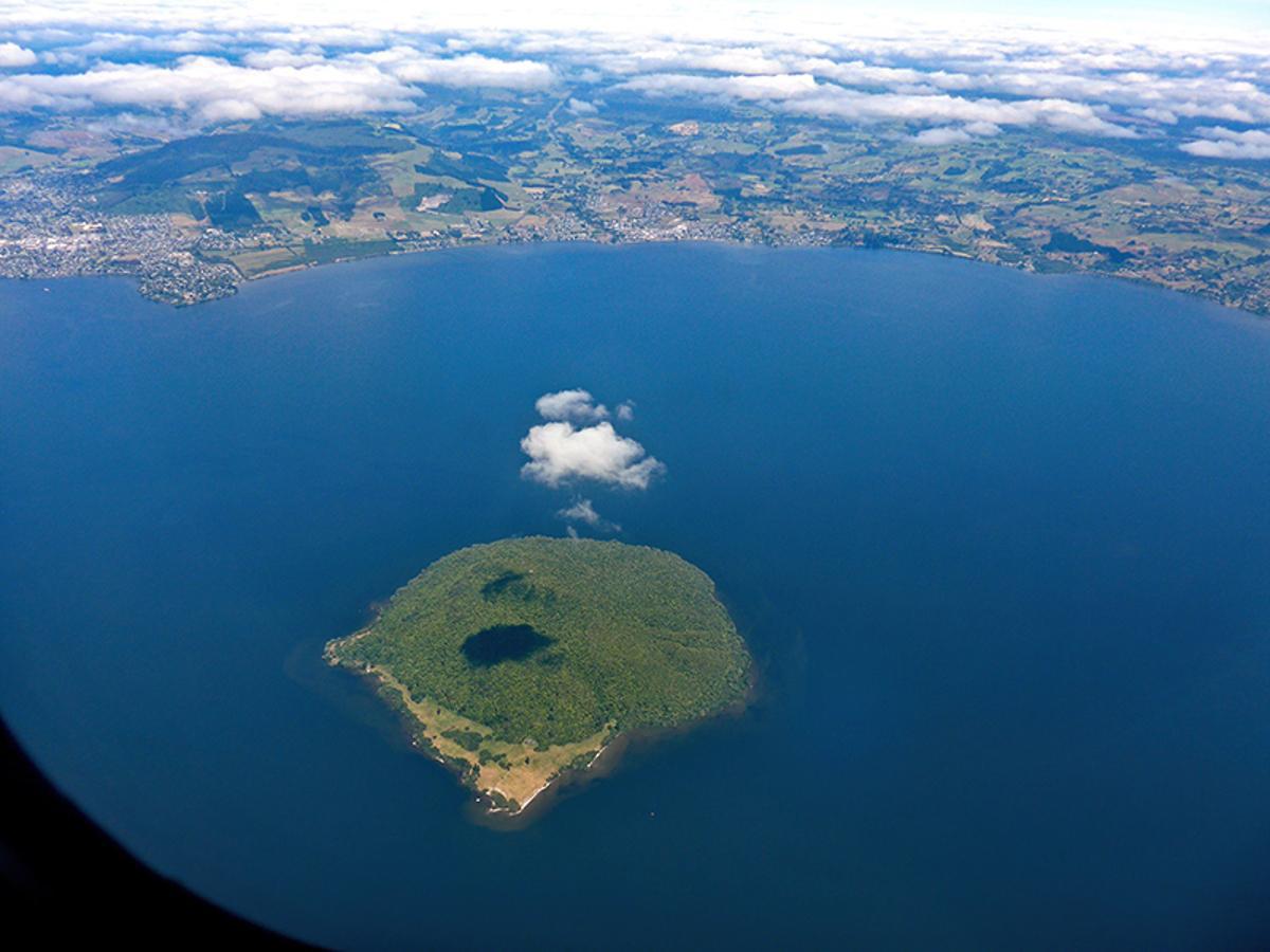 Aerial view of Mokoia Island in the center of Lake Rotorua in New Zealand