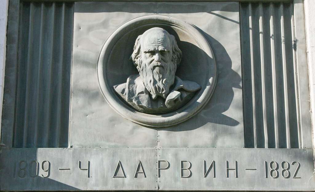 A statue of Charles Darwin on top of a Russian library