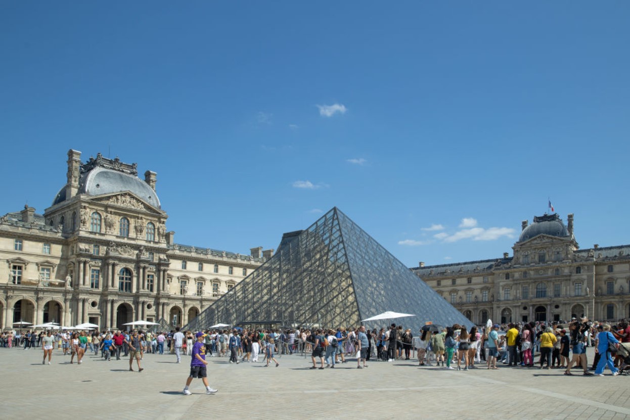 People taking photographs outside the Louvre
