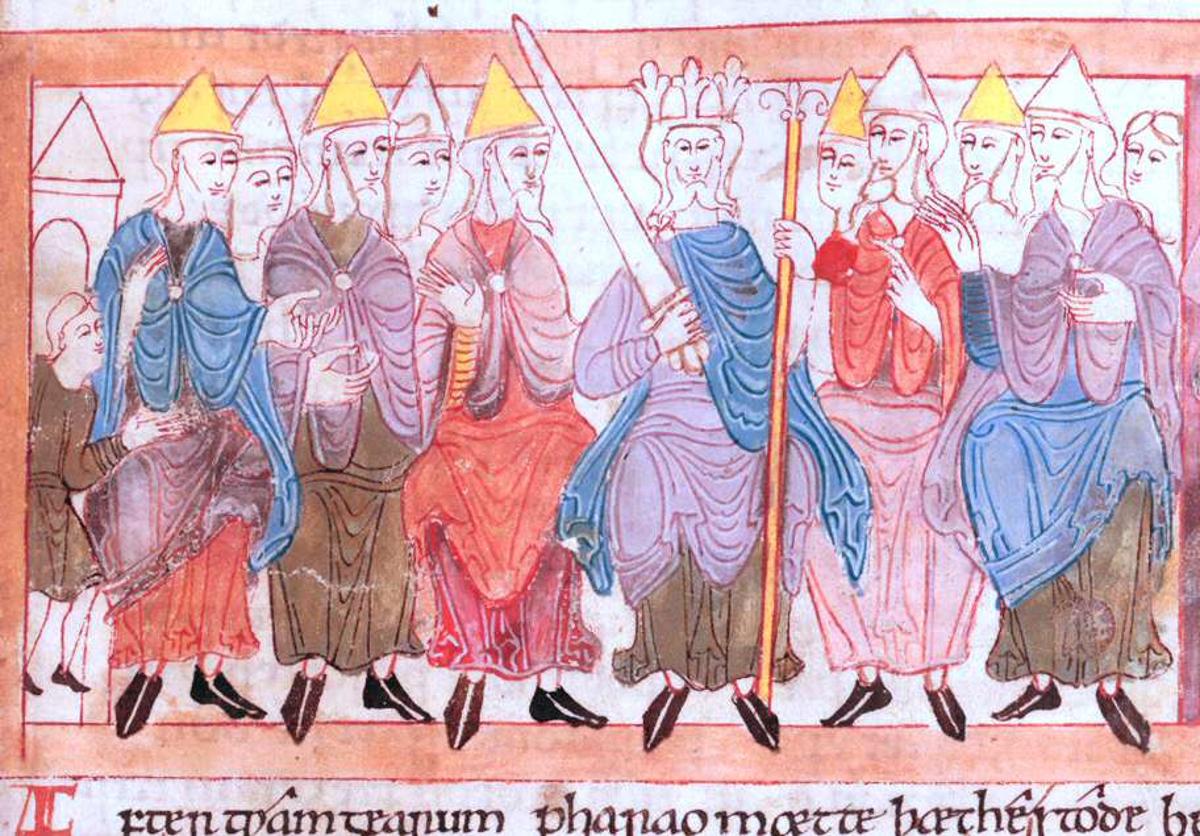 Biblical scene in the Illustrated Old English Hexateuch (11th century) in the British Library, London of Anglo-Saxen king