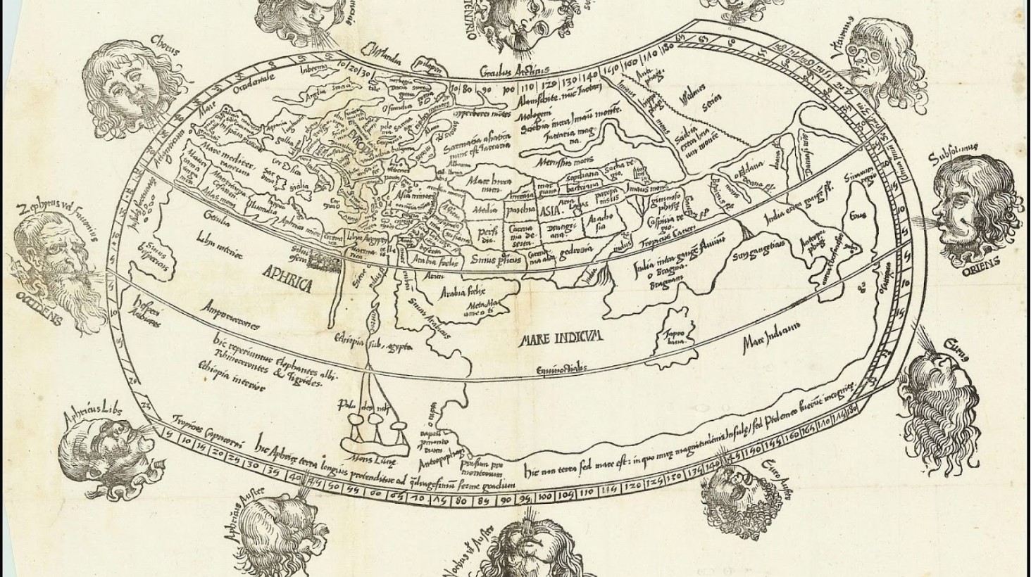 An antique oval-shaped map, illustrating the known world with labeled continents of Africa, Asia, and Europe