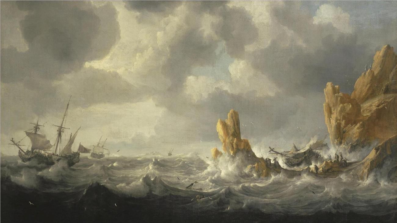 A 1645 Jan Peeters the Elder painting of ships during a storm at sea.