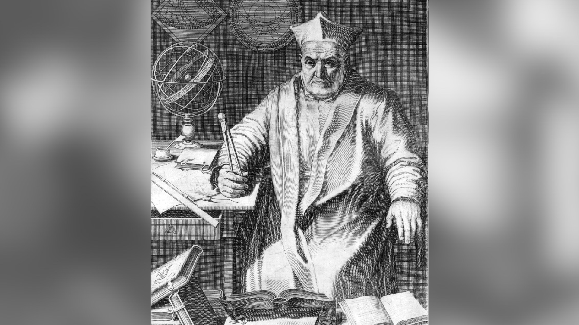 Black-and-white engraving of Christopher Clavius sitting at a desk with a geometric device.