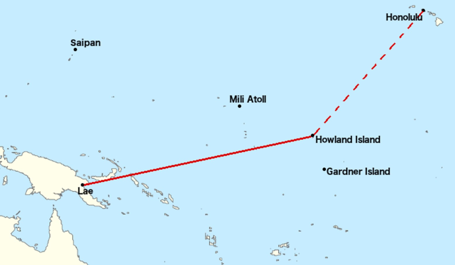 Map of Amelia Earhart’s final legs of her trip across the Pacific Ocean showing Lae, New Guinea, Howland Island and Honolulu