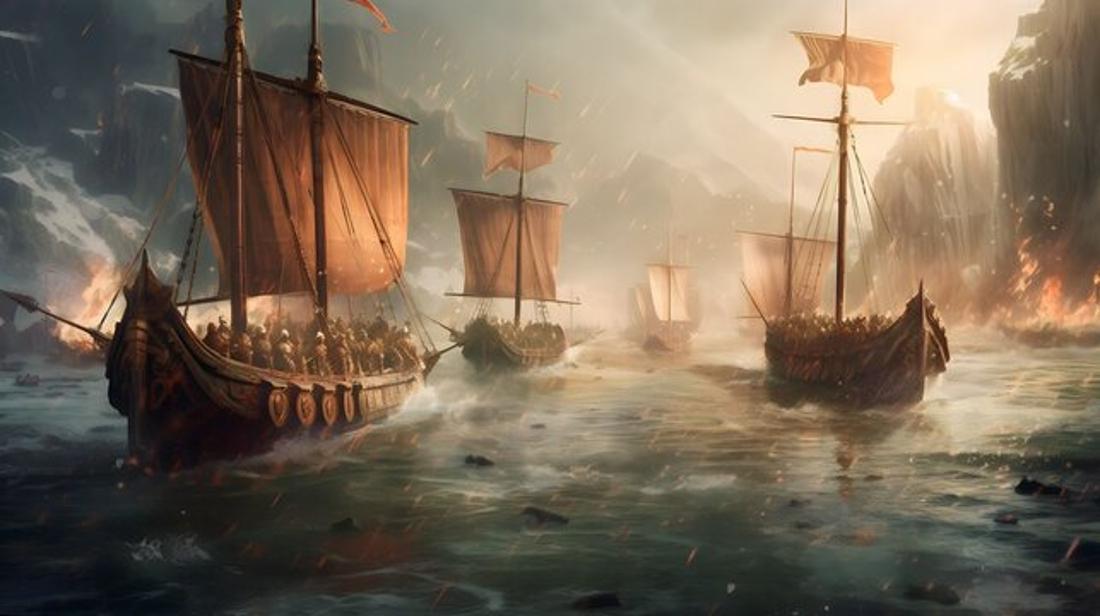 Digital illustration of Viking warships from the Middle Ages