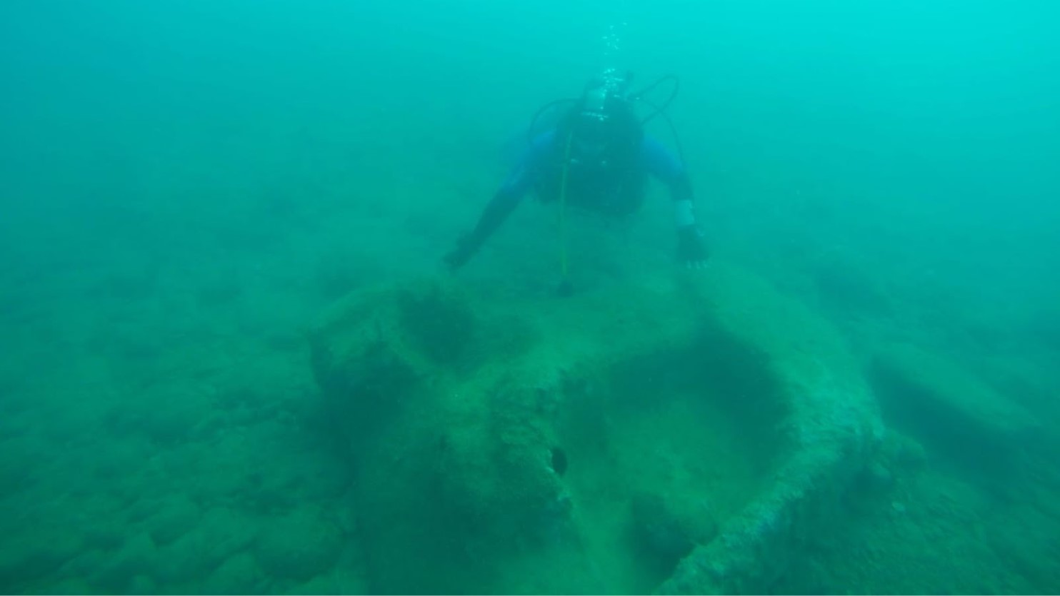 A diver in scuba gear in front of a massive marble statue depicting a horse.