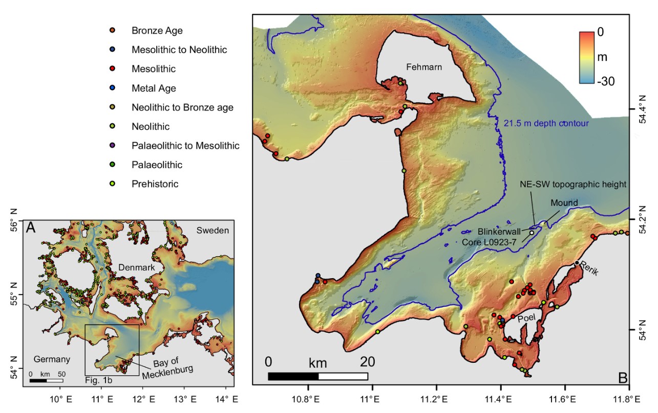 Location and relative ages of submerged archeological sites are shown on a map of the Baltic Sea