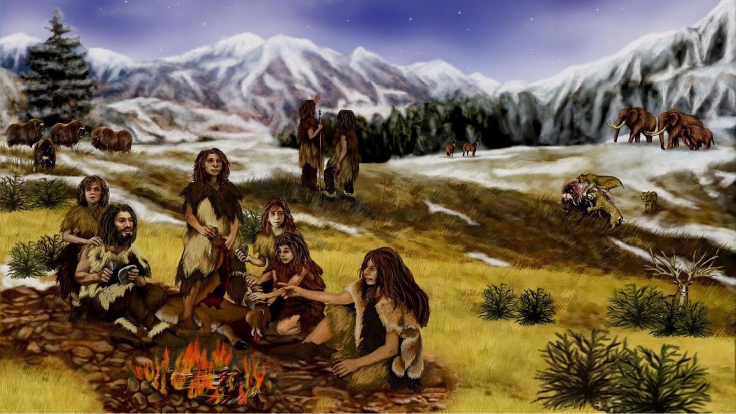 A vivid illustration depicting a scene from prehistoric times. A group of early humans, dressed in animal furs, is gathered around a fire. In the background, a snowy mountainous landscape is visible with a variety of wildlife, including woolly mammoths, bears, and deer
