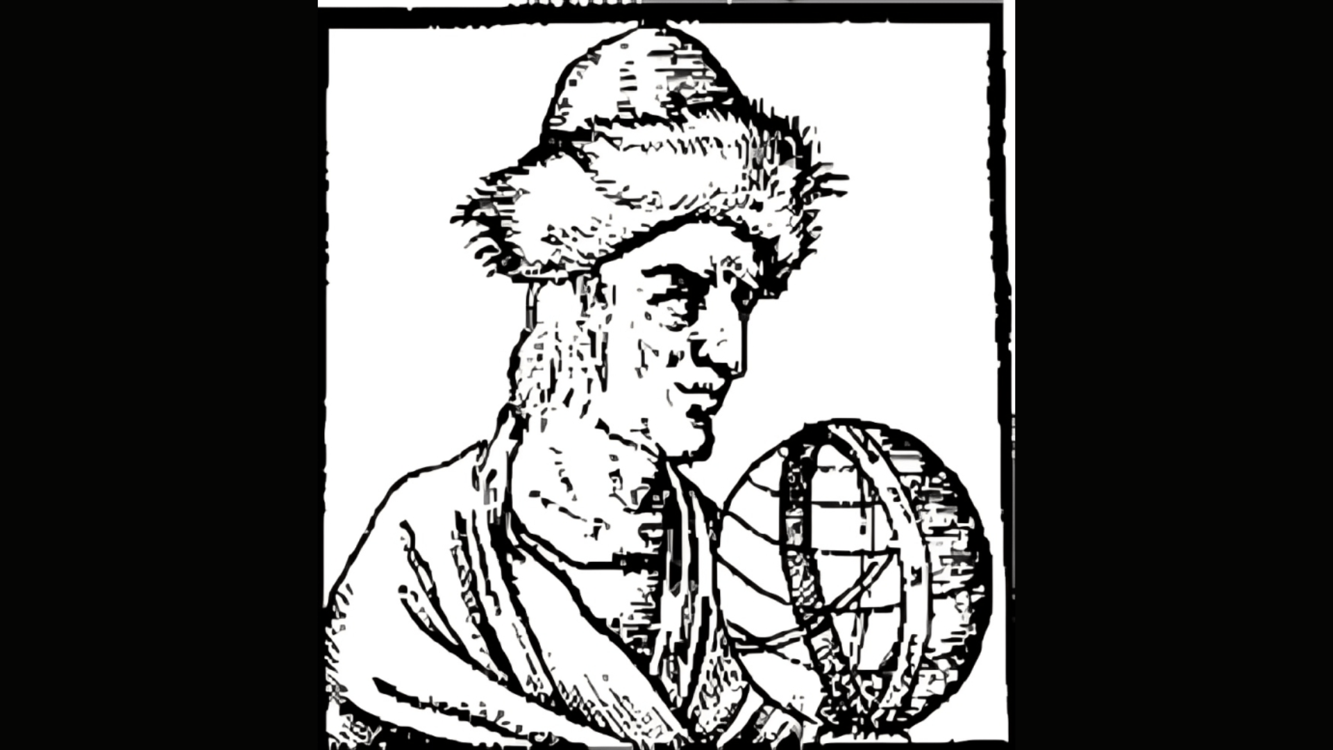 A 1553 sketch of Giovanni Bianchini. Bianchini is wearing a hat and holding a globe-like astronomical device.