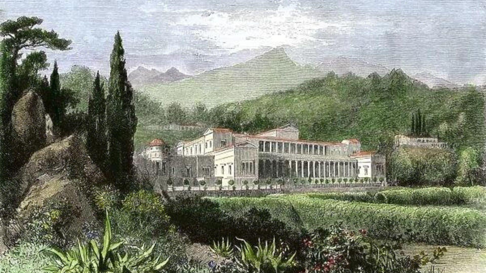 Hand-colored woodcut of a 19th-century illustration of the villa of Pliny the Younger, ancient Rome, circa 100 AD