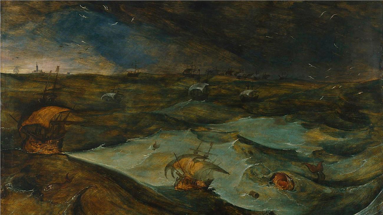 A 1560s Joos de Momper the Younger painting depicting a dark and violent storm at sea, with ships in the ocean.