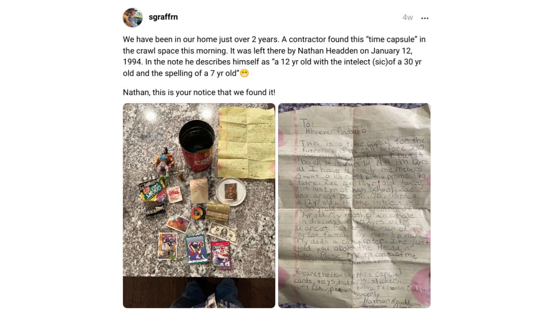 Photograph post by Stephen Graph on Threads regarding Nathan Headden’s time capsule from 1994