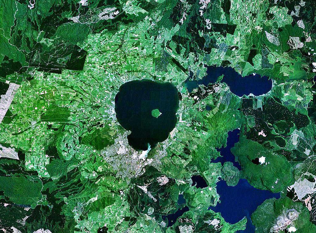 Satellite photo of Lake Rotorua, North Island, New Zealand. NASA WorldWind