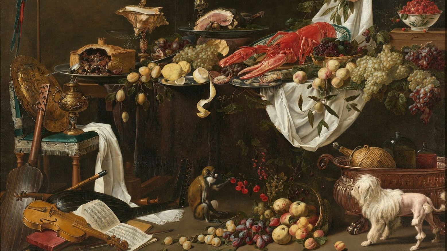 A 1600s painting of a feast full of food and a small dog.