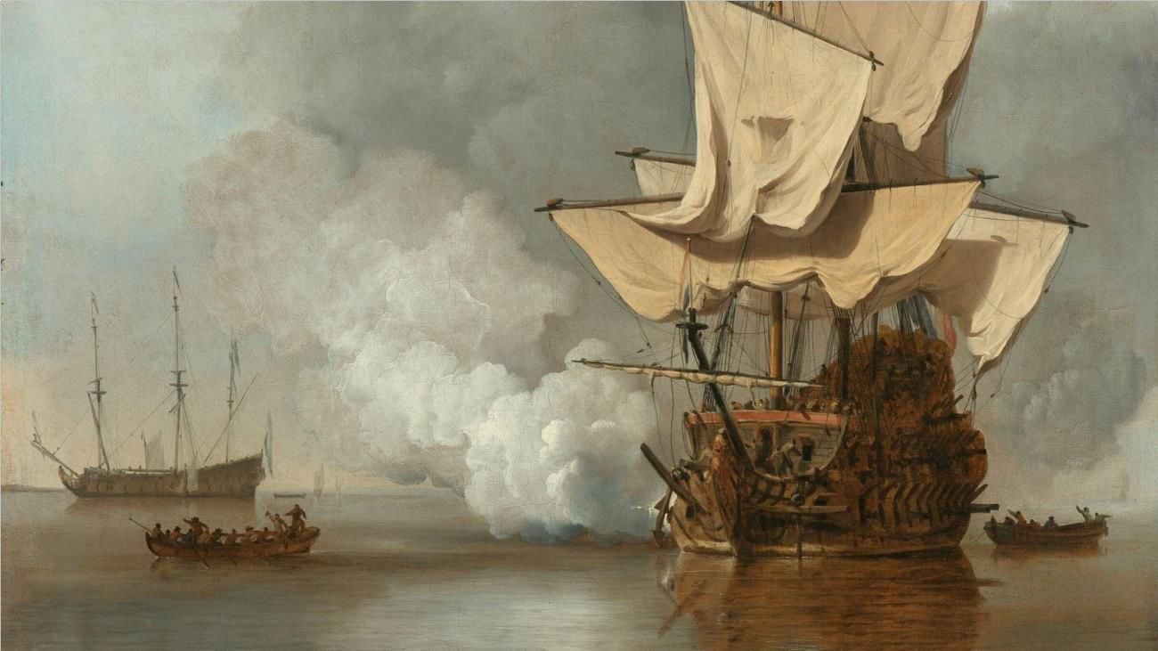 An old painting of a big ship with smoke behind it, with two smaller boats full of people on the water