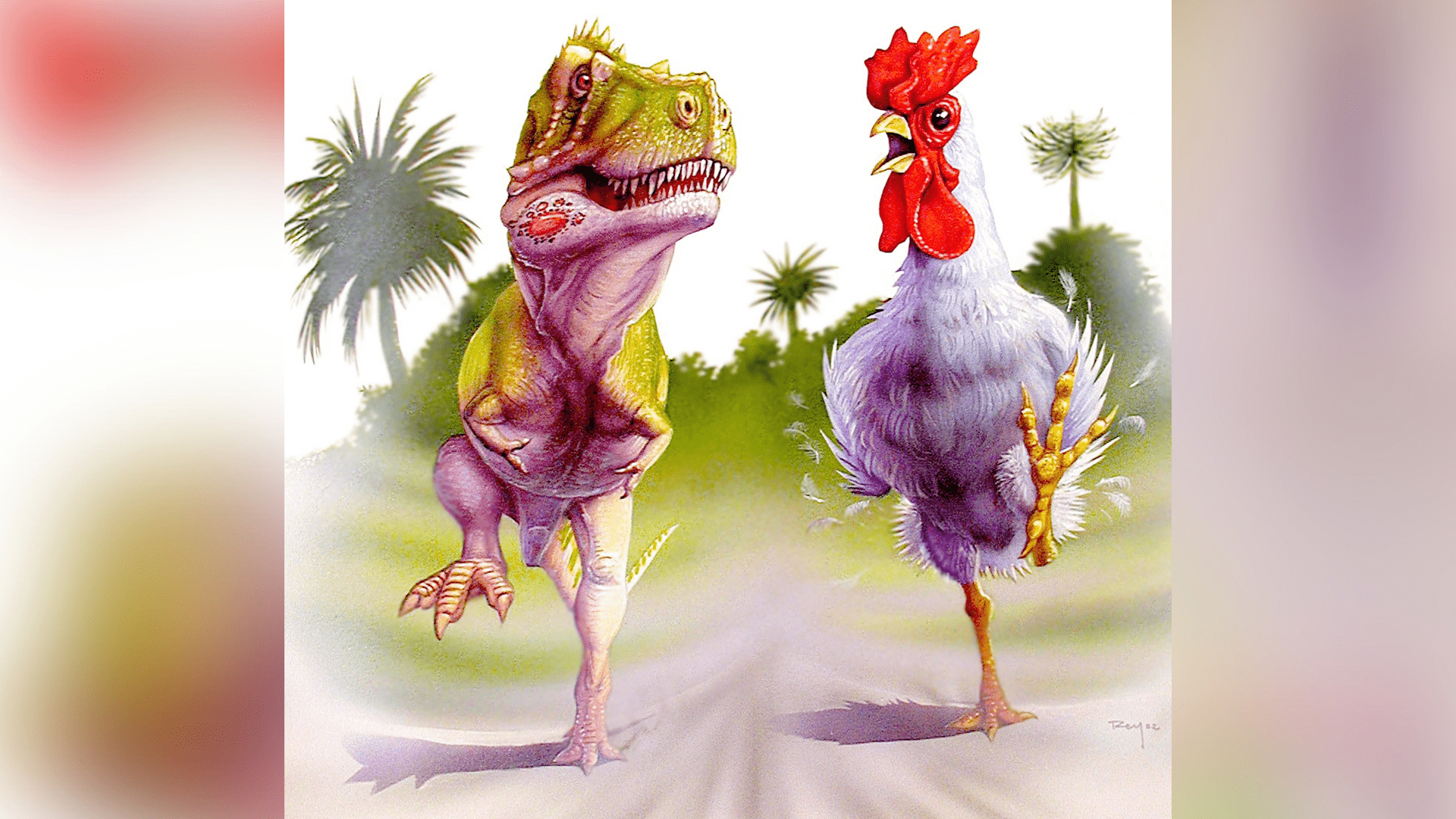 A painting of a Tyrannosaurus Rex and a Chicken running side by side at the same scale size.