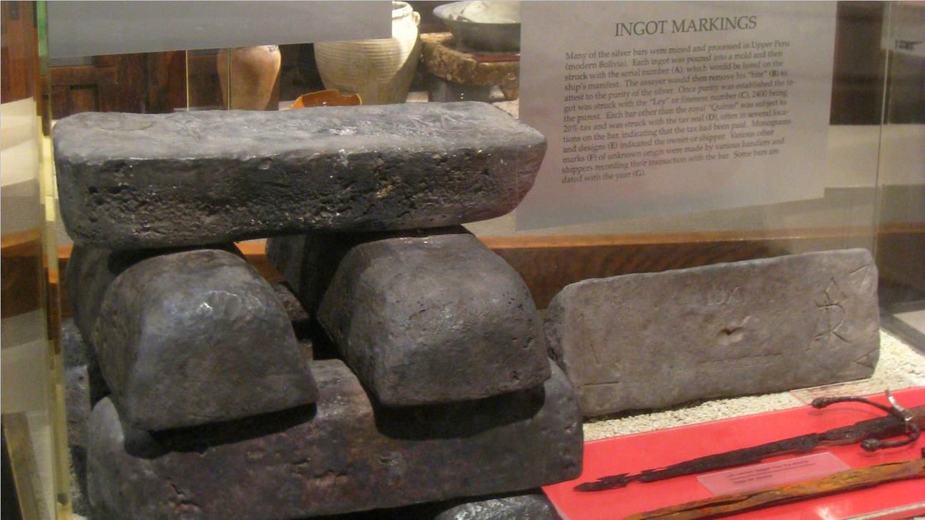 A group of silver ingots that were found in the Nuestra Señora de Atocha shipwreck now on display at a museum.