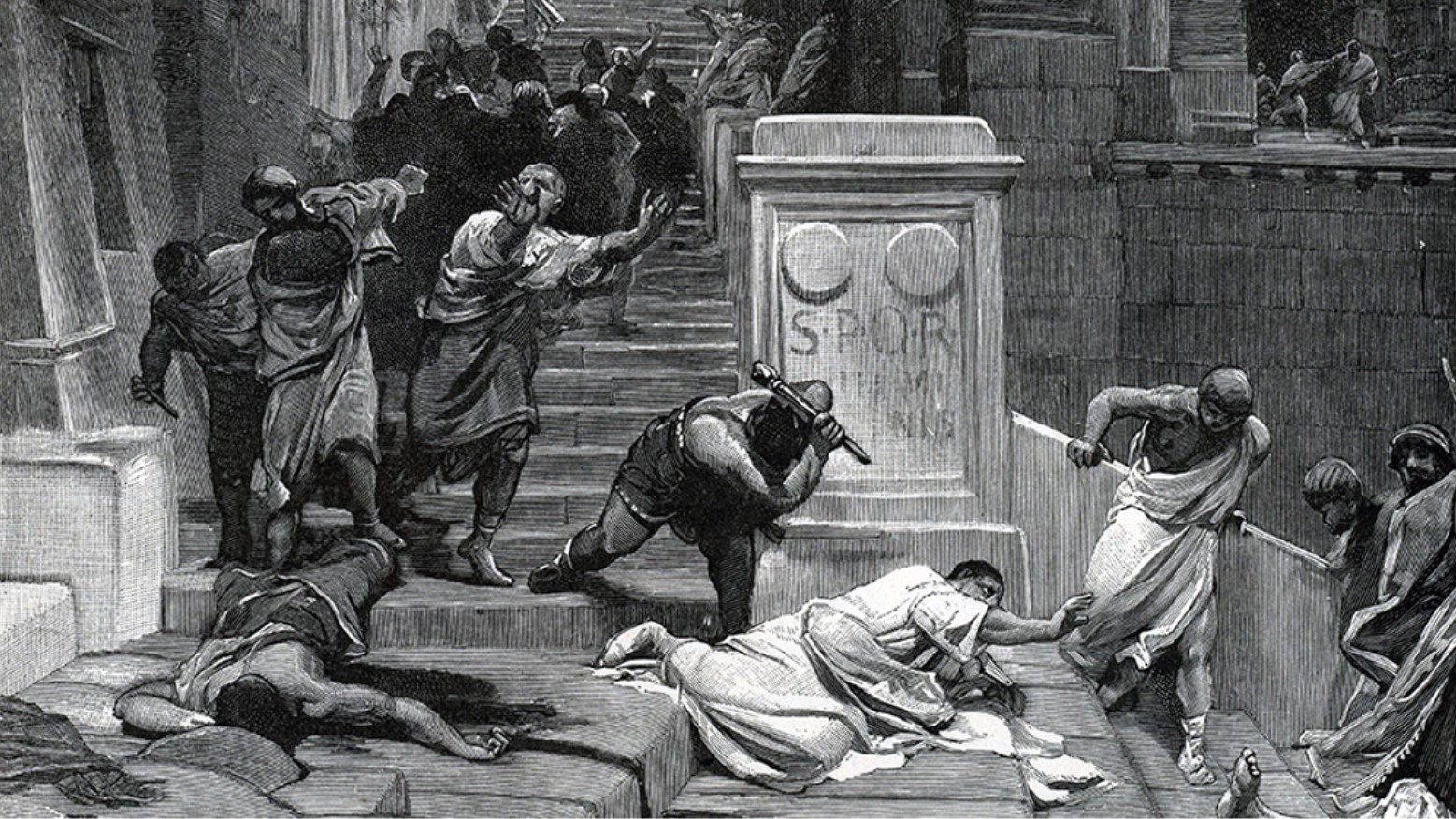 Illustration of the citizens of the Roman Empire violently running Gaius Gracchi out of Rome