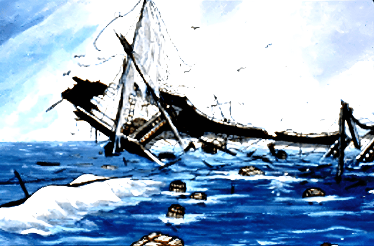 A drawing of the 1555 wreckage of three Spanish vessels floating in the water near Padre Island.