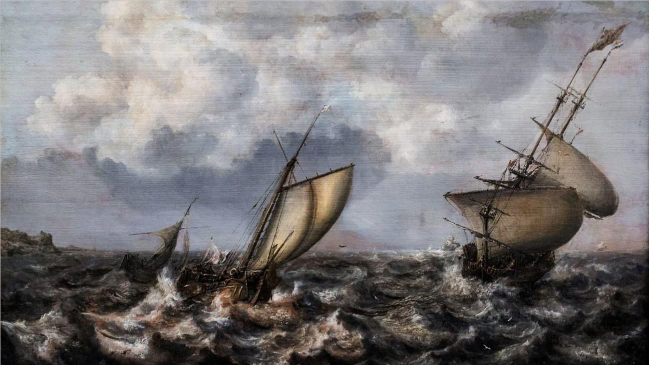 A 1630 Vlieger painting depicting two ships wrecking in a dark ocean, clouds above.