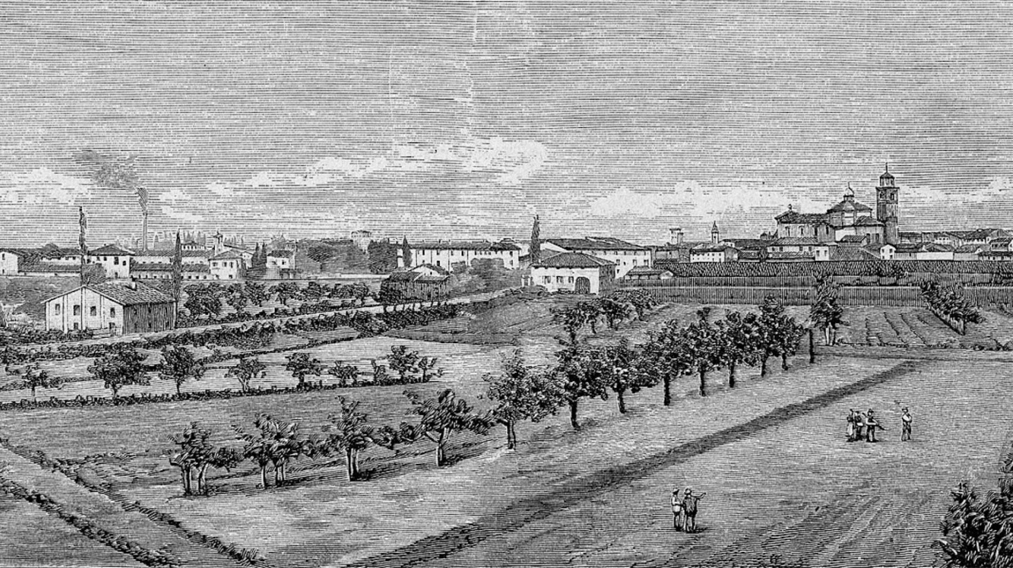 Black and white engraving depicting a rural landscape with neatly arranged agricultural fields in the foreground. Rows of crops and scattered trees are visible. In the background, there’s a small town with several buildings