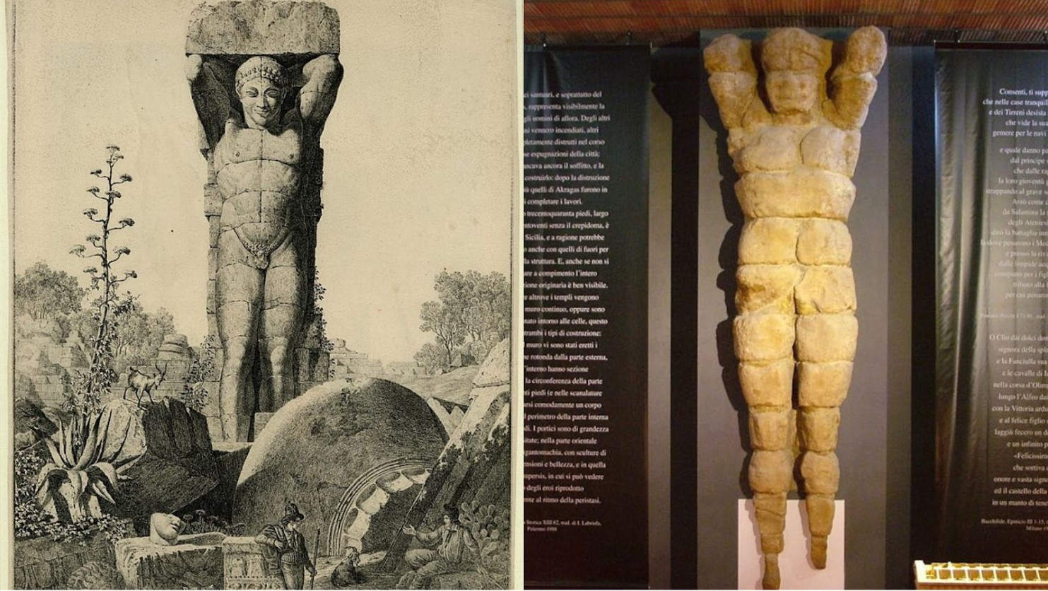 On the left, an antique-looking illustration of a massive statue of a male figure among ruins with two travellers at its feet, looking quite small in comparison. On the right, a photograph of a reassembled statue in a museum.