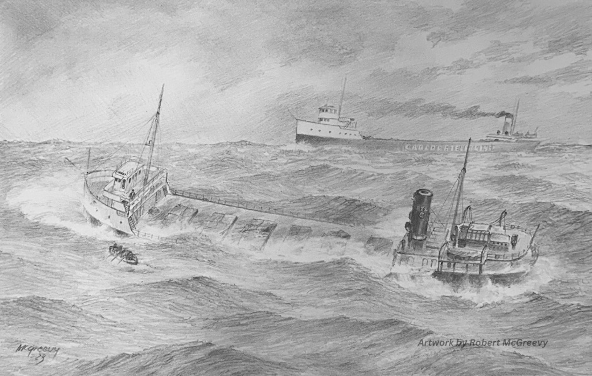 A pencil drawing of a ship sinking beneath the waves