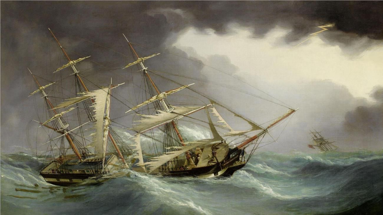 An 1800s Joseph Heard painting depicting a destroyed ship at sea during a storm.
